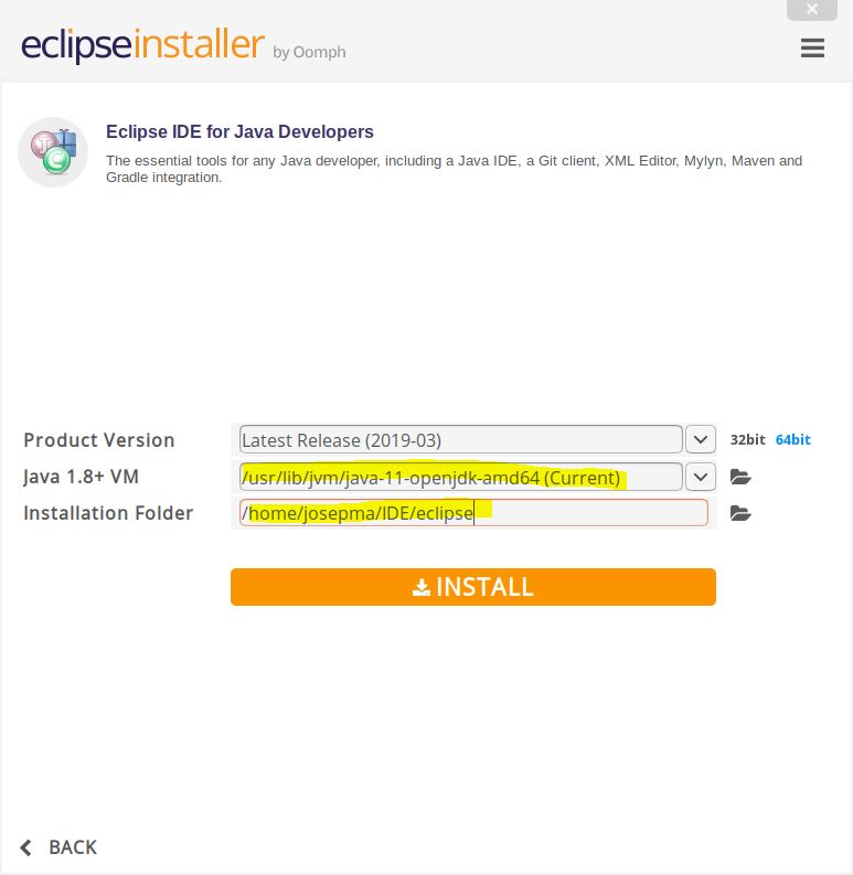 Ubicación y motor Java para Eclipse