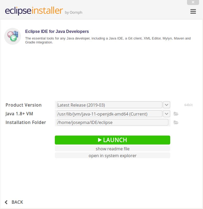 Instalación completada Eclipse IDE