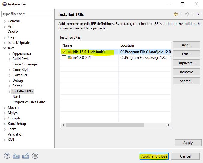 Open JDK 12 por defecto en Eclipse