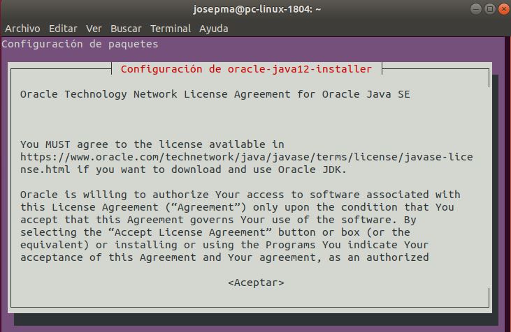 Términos de licencia de Oracle y instalación JDK 12