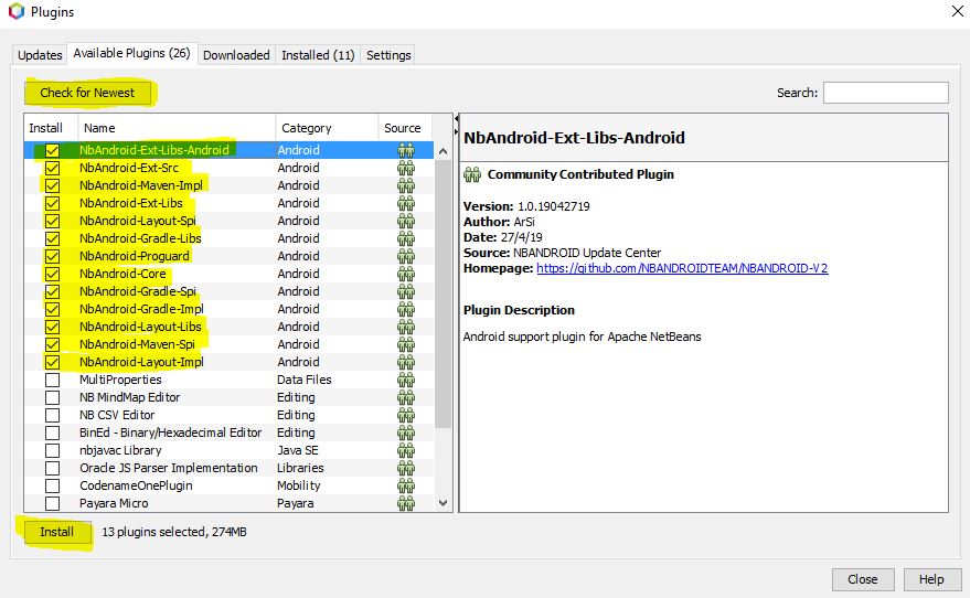 Instalación de todos los plugins de NbAndroid